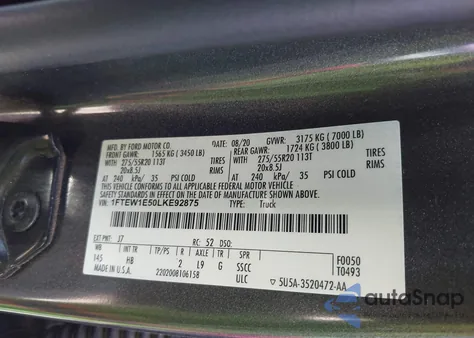 2020 Ford F-150 Lariat from USA, damaged, VIN 1FTEW1E50LKE92875